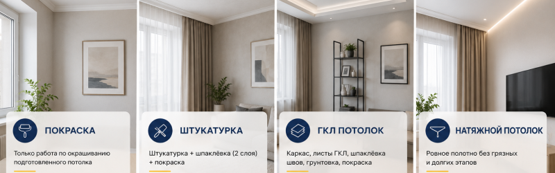 Покраска, штукатурка, ГКЛ или натяжной потолок — что выгоднее в 2026 году?